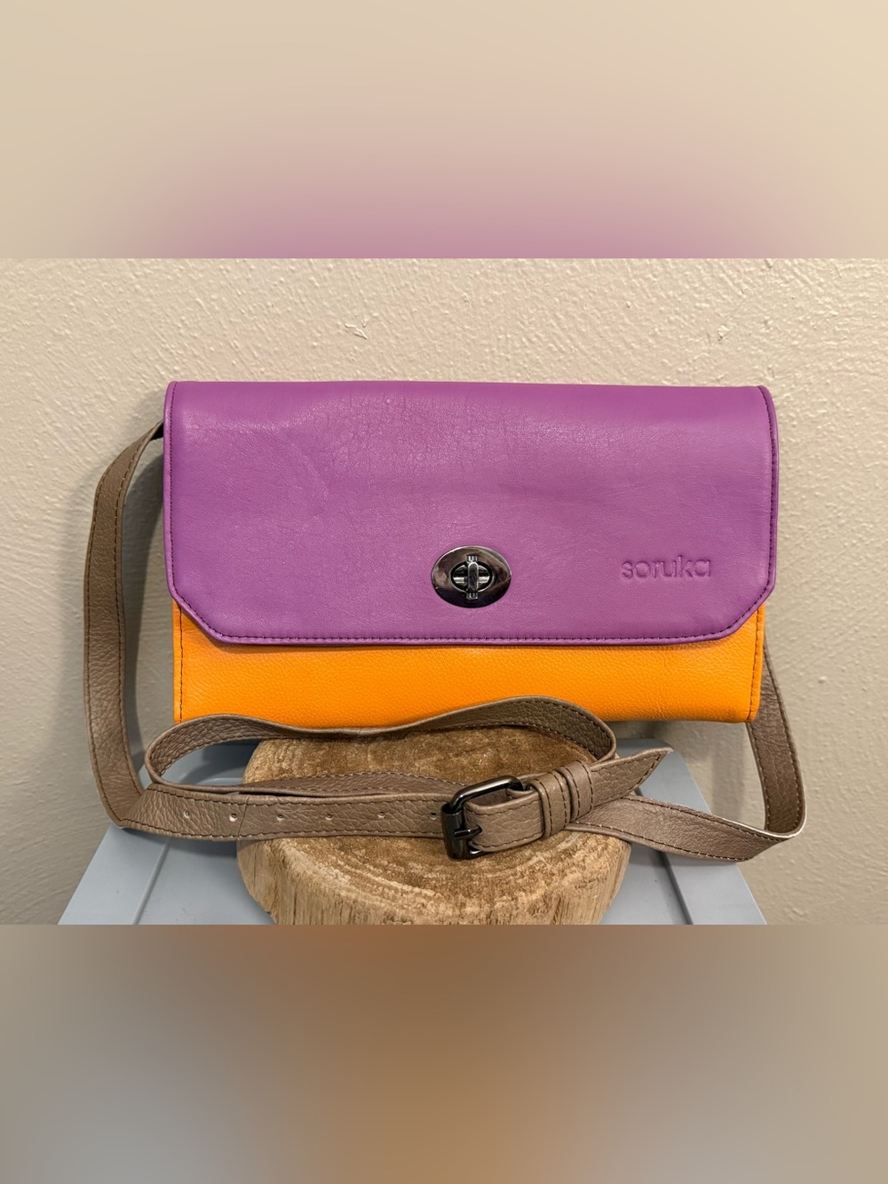 Soruka Recycled Leather Tri-Fold Travel Crossbody Purse Adjustable Strap Purple